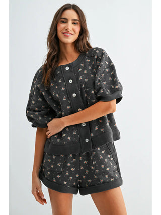 Vintage Floral Short Sleeve Button-Down Lounge Set
