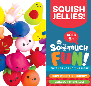Colorful squishy toys with 'Squish Jellies!' branding on a blue and red background.