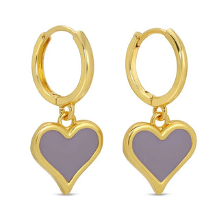 Gold hoop earrings with purple heart charms on a white background
