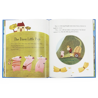 Open book showing illustrations of 'The Three Little Pigs' with pigs and a farmer.