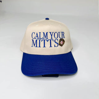 Cap with 'Calm Your Mitts' text and glove icon on a white background