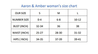 Size chart for clothing with measurements in inches for bust, waist, and hips.