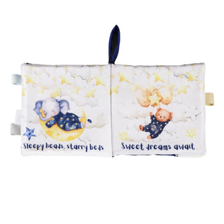Children's soft book with teddy bear illustrations on a white background