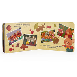 Children's book with Thanksgiving-themed illustrations on a white background