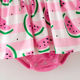 Pink baby romper with watermelon pattern on a white background