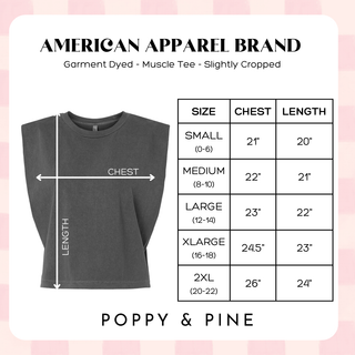Size chart for American Apparel brand muscle tee with measurements on a pink background