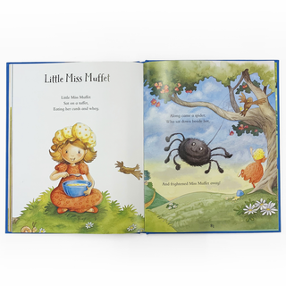 Open book showing illustrations and text from 'Little Miss Muffet' nursery rhyme