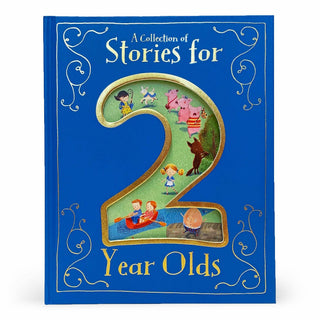 A hardcover children's book titled 'A Collection of Stories for 2 Year Olds' with a bright blue cover, gold decorative borders, and a large number 2 cutout filled with colorful illustrated scenes of children and animals.