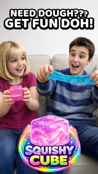 Two children playing with Squishy Cube toys on a couch, with promotional text for Fun Doh.