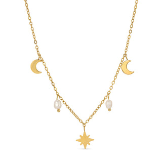 Gold necklace with moon, star, and pearl pendants on a white background