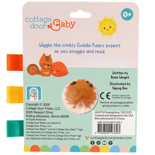 Cottage Door Baby crinkly cuddle puppy puppet packaging with text and branding.