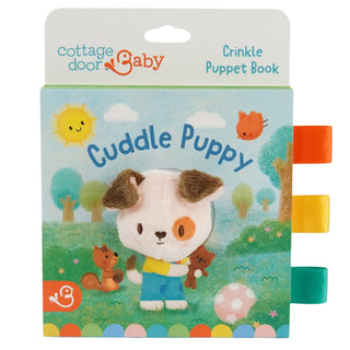 Cuddle Puppy crinkle puppet book packaging with cartoon dog and foxes on a colorful background
