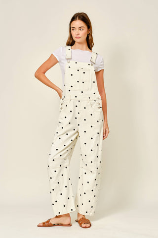 Woman wearing a white polka dot dress with suspenders against a plain background