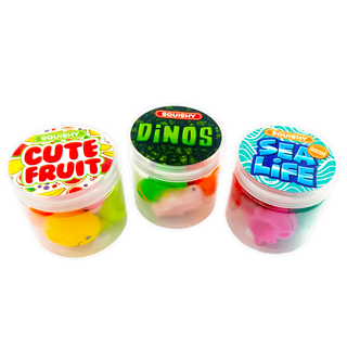 Three small jars labeled 'Cute Fruit', 'Dinos', and 'Sea Life' with colorful contents on a white background.