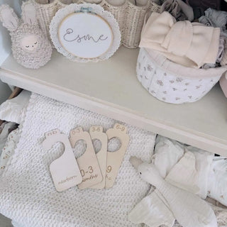 Baby items including a plush toy, milestone cards, and a blanket on a shelf.