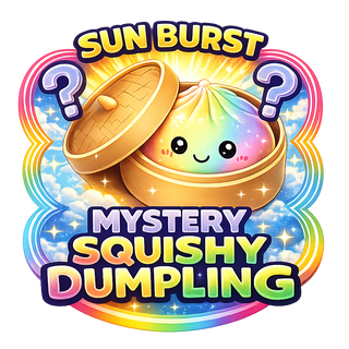 Colorful logo with a dumpling and rainbow elements, featuring the text 'Sun Burst Mystery Squishy Dumpling'.