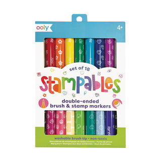 Packaging of Ooly Stampables double-ended brush and stamp markers with colorful markers inside.