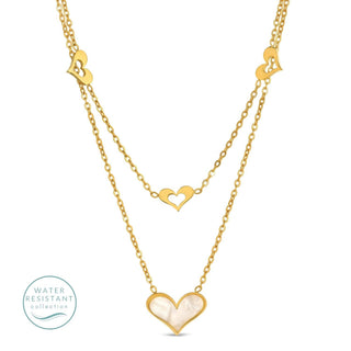 Gold heart-shaped necklace on a white background with 'Water Resistant' collection label.