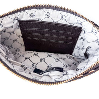 Black wallet inside a bag with a patterned interior