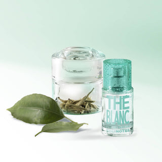 Clear glass container with dried herbs, green leaf, and 'THE BLANC' bottle on a light green background