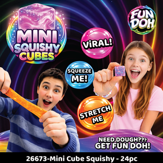 Promotional image for Mini Squishy Cubes and Fun Doh with children holding the products.