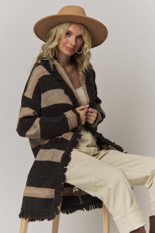 BOHO STRIPED FRINGE LONG CARDIGAN