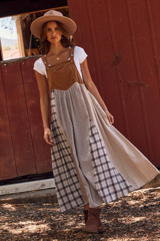 brown dress overalls Patchwork Plaid Overall – Lauren Rye Enchanted 47.5” Medium Bust maddie21424 Size:MEDIUM - US WOMEN 9 - UK 7 - EU 41 Boho Bubble Sleeve Lace