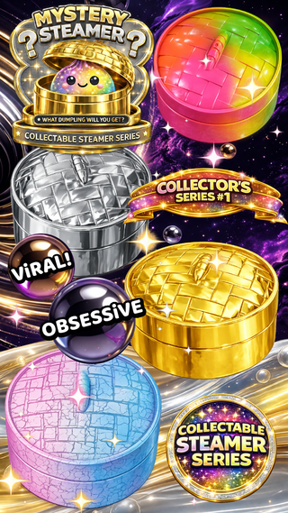 Promotional image of collectible steamer series with colorful steamer and packaging elements.