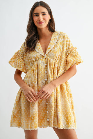 Sunny Gingham Lace-Trim Babydoll Dress | Vintage Cottagecore Mini