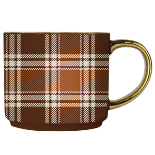 Mug with plaid pattern and gold handle on a white background
