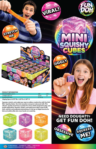 Promotional image of Fun Doh Mini Squishy Cubes with colorful packaging and children interacting with the product.