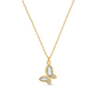 Gold necklace with a butterfly-shaped pendant on a white background