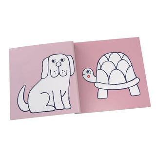 Open book with illustrations of a dog and a turtle on pink pages.