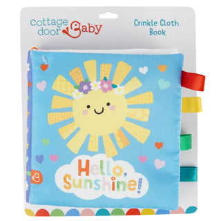 Cottage Door Baby crinkle cloth book with a sun design on a white background
