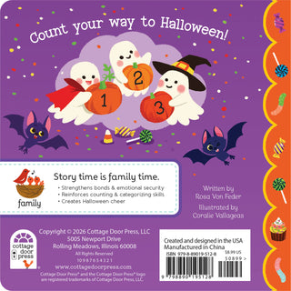 Front cover of a children's Halloween storybook by Cottage Door Press, featuring three cute cartoon ghosts numbered 1, 2, and 3 with pumpkins, bats, candy, and the title 'Count your way to Halloween!' on a purple background.