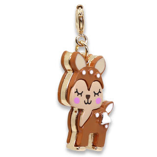 A cute cartoon deer charm with a gold-tone metal frame and body, brown enamel fill, pink cheeks, and white spots, shown on a plain white background.