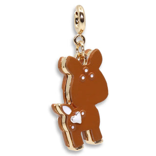 A gold-plated charm shaped like a rabbit, featuring a glossy brown enamel body with small white enamel accents on its feet and ears, and a gold lobster clasp at the top, shown on a plain white background.