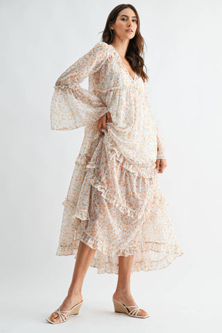 Woman wearing a floral dress on a white background