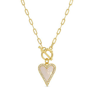 Gold necklace with a heart-shaped pendant on a white background