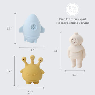 Three toy figures with measurements and text indicating BPA-free and easy cleaning.