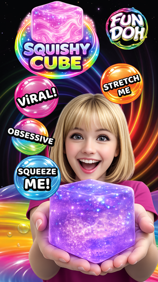Promotional image of a girl holding a squishy cube with colorful text and graphics.