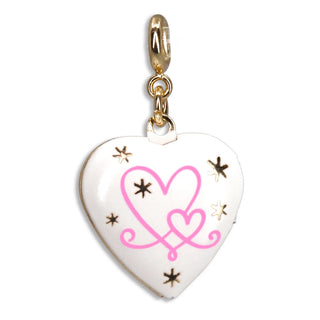 A white heart-shaped charm pendant with a pink double-heart design and small gold stars, attached to a gold clasp on a plain white background.