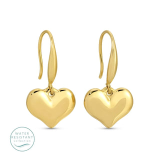 Gold heart-shaped earrings on a white background with 'Water Resistant' logo.