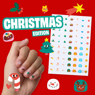 A hand with Christmas-themed nail art stickers applied, next to a sheet of colorful nail stickers, on a bright red background with 'CHRISTMAS EDITION' text and festive illustrations.