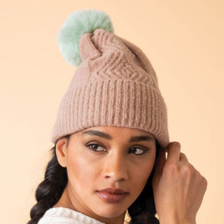INGRID BOBBLE HAT TAUPE/AQUA