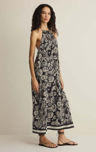 Viento Luz Floral Halter Midi Dress – Monochrome Boho Style