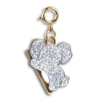 A gold-plated metal charm shaped like a koala, covered in sparkling clear pavé stones, with a gold lobster clasp at the top, shown on a plain white background.