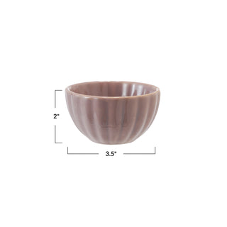 Small brown ceramic bowl with dimensions on a white background