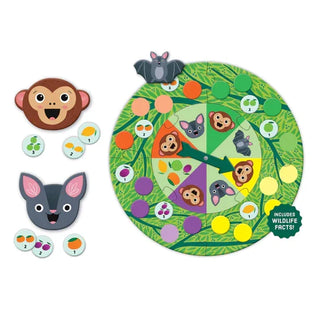 Children's educational game with animal figures and a circular board on a white background
