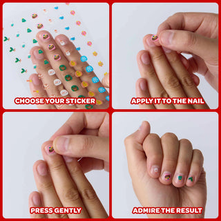 A four-panel instructional collage showing how to apply decorative nail stickers. The top-left panel shows a hand holding a clear sheet covered in small colorful holiday-themed stickers, with the text 'CHOOSE YOUR STICKER.